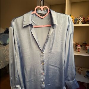 ZARA Satin Button-Up Shirt Women’s Size S Light Blue Long Sleeve